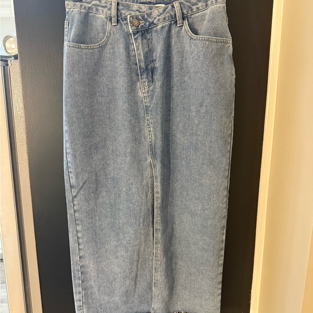 Light Blue long Denim Jean skirt with front split